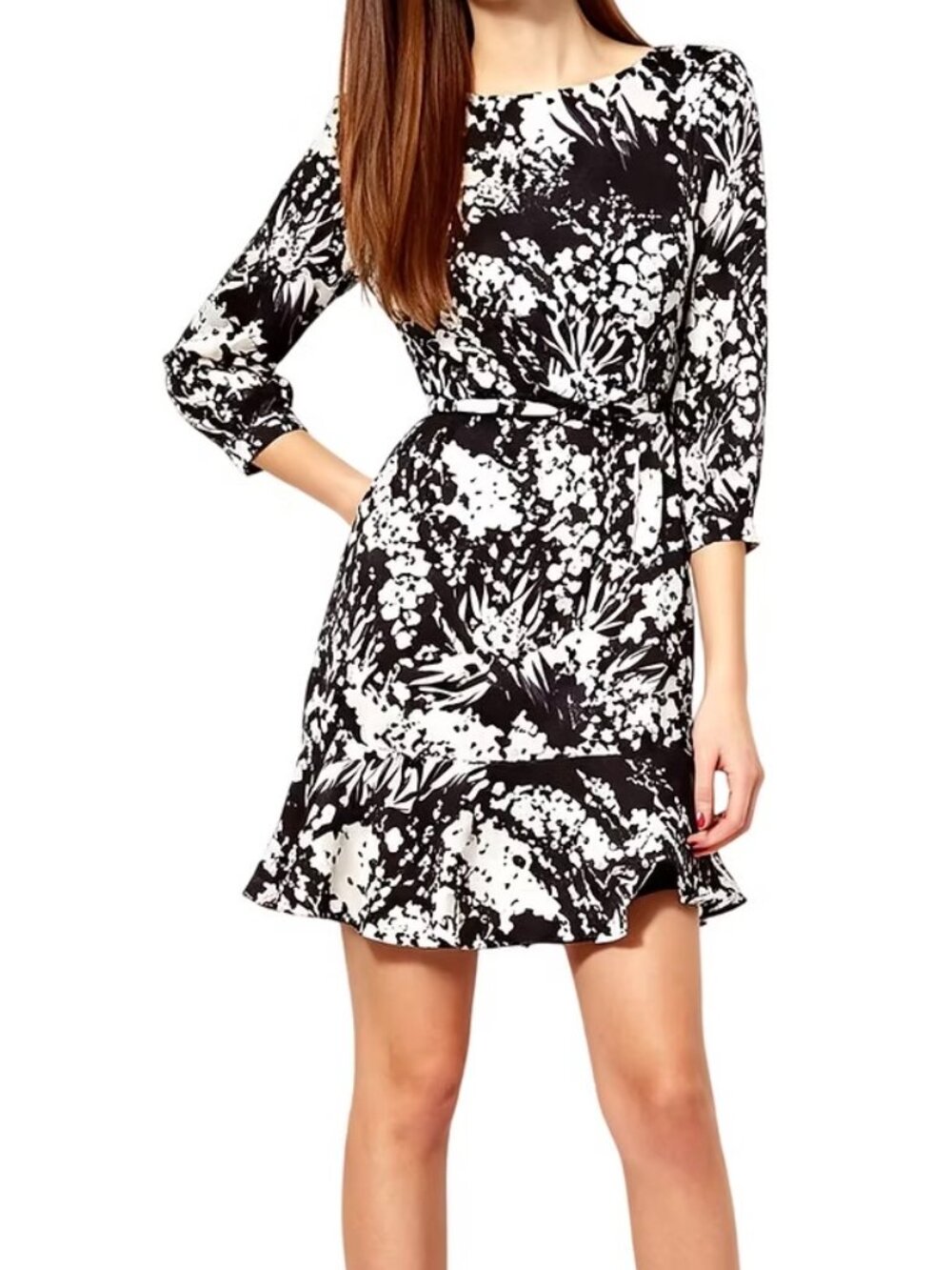 Karen Mullen 100% Silk Black & White Floral A-Line Women’s Dress Sz 10 Ruffle